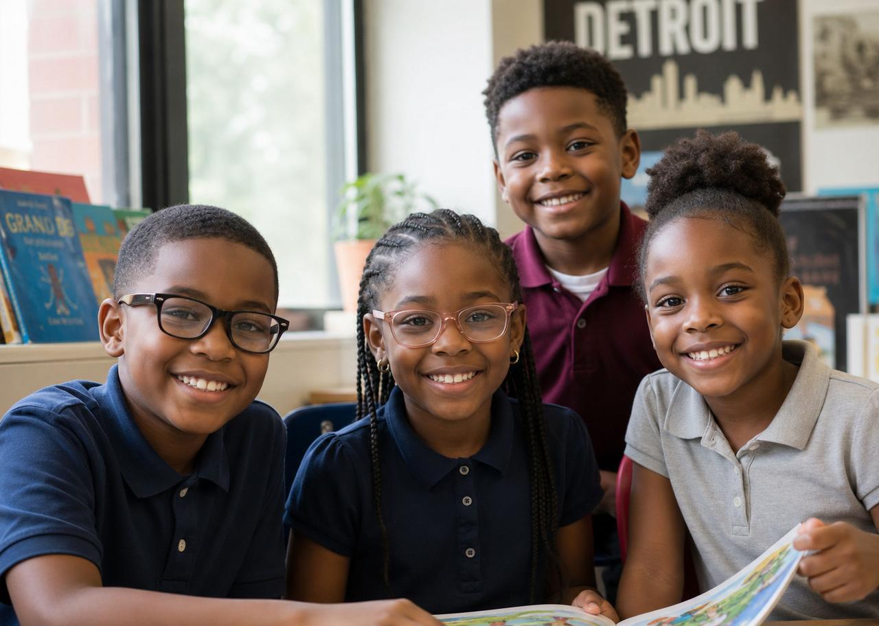 Happy students, some wearing new eyeglasses